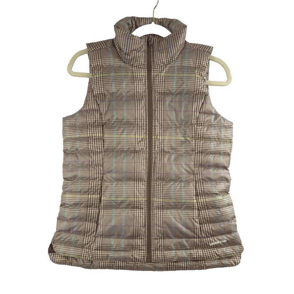 Lands End Down Puffer Vest Brown Plaid XS (2 - 4) Full Zip Winter Preppy